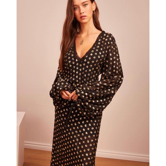 Finders Keepers Black Gold Polka Dot Sequin Balloon Sleeve Dress Size Medium - Picture 1 of 12